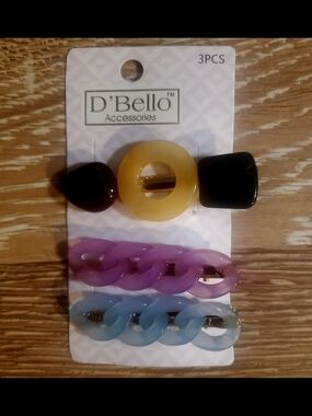 D'Bello 3-Pack Resin Hair Clips - Yellow, Purple, Blue, Black Accents